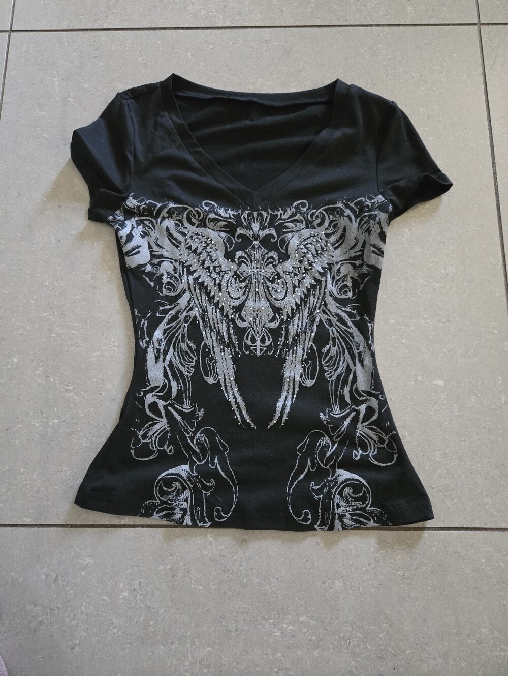 SHEIN Black V-Neck Short Sleeve Top with Silver Wing Graphic